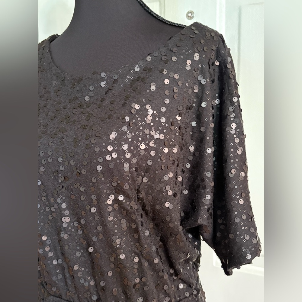 New York & Company Black Sequin Cold Shoulder Belted Midi Dress.